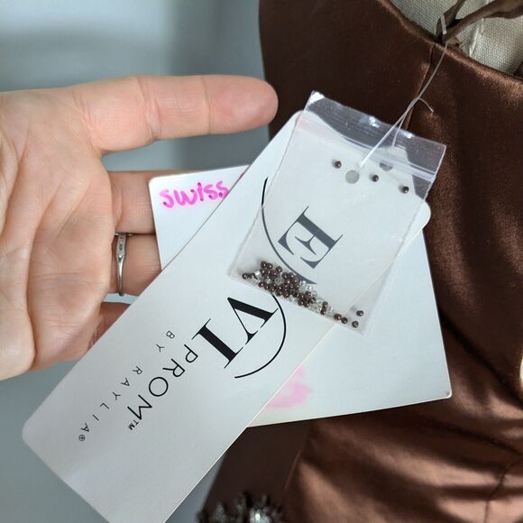 Prom Dress Maxi Gown 10 Brown Mermaid Satin Beaded Asymmetric Shoulder Glam - Picture 13 of 16